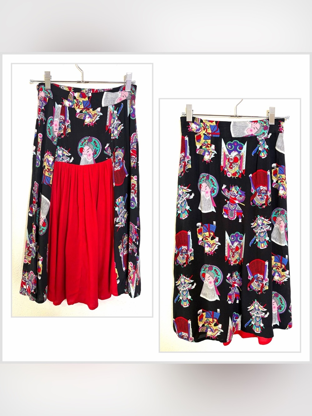 Trashy Diva Black Midi Skirt Multicolor Theater Print sz 4 rayon vintage retro